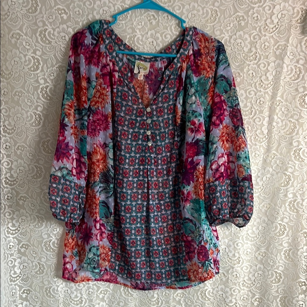 Anthropology Fig and Flower shear Colorful Floral Blouse XL
